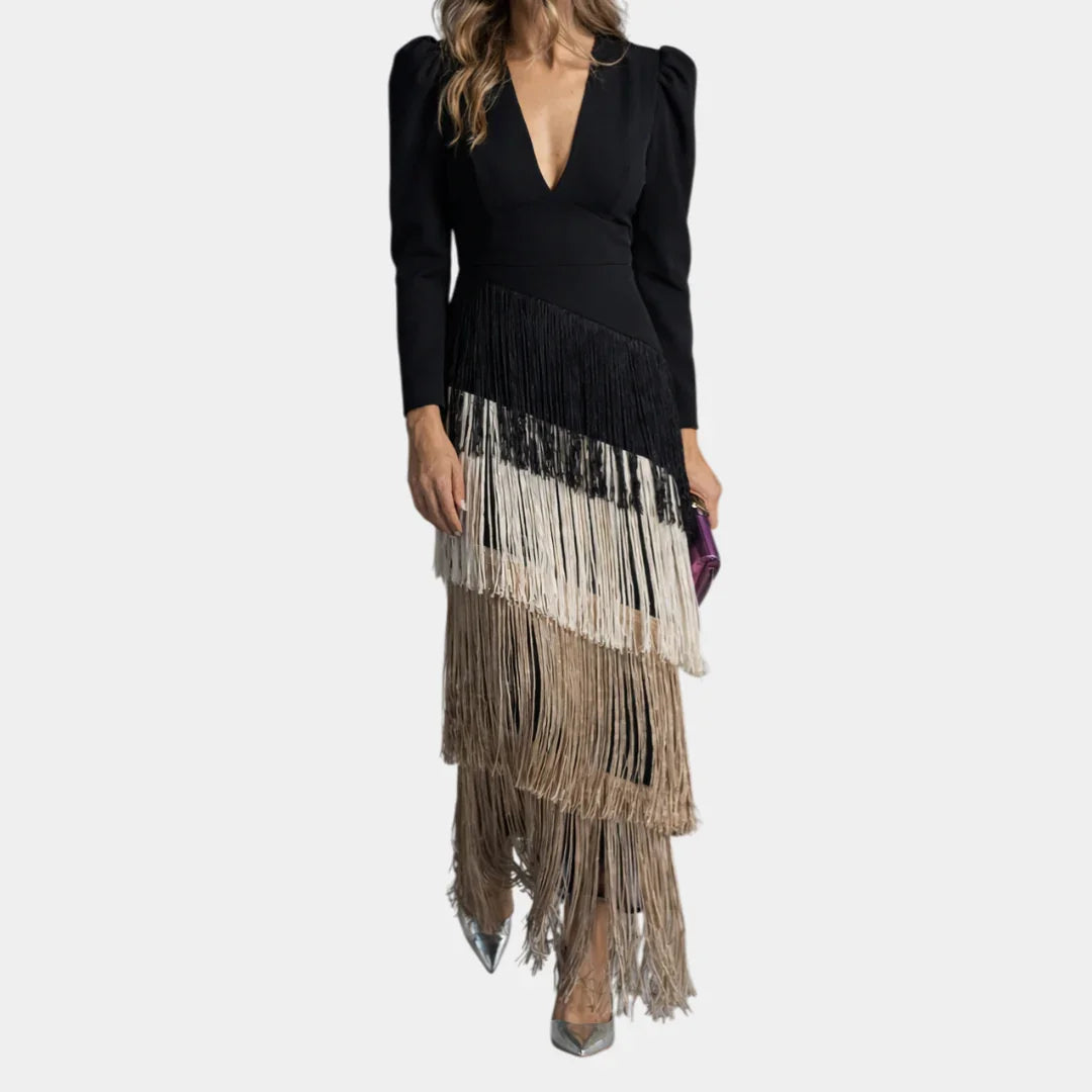 Eulalie | Robe midi élégante avec des manches à franges